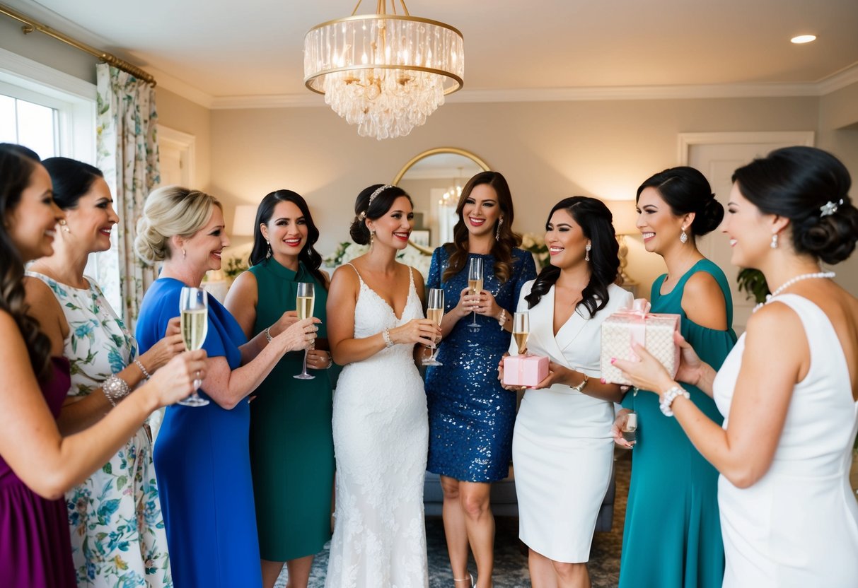 A group of elegantly dressed women gather in a decorated room, sipping champagne and exchanging gifts at a bridal shower