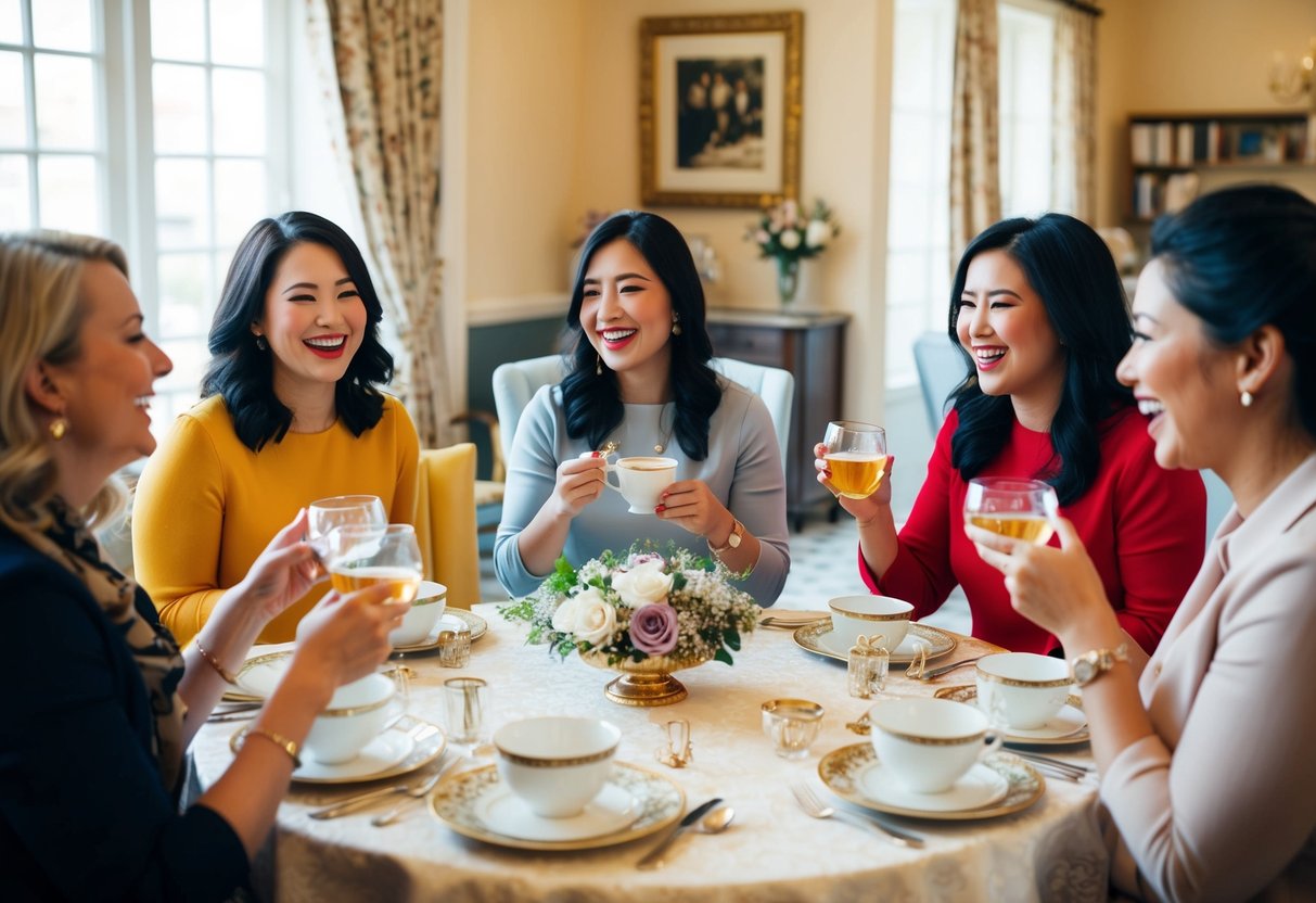 A group of women sit around a beautifully decorated table, sipping tea and exchanging excited conversation. The room is filled with laughter and the sound of clinking glasses
