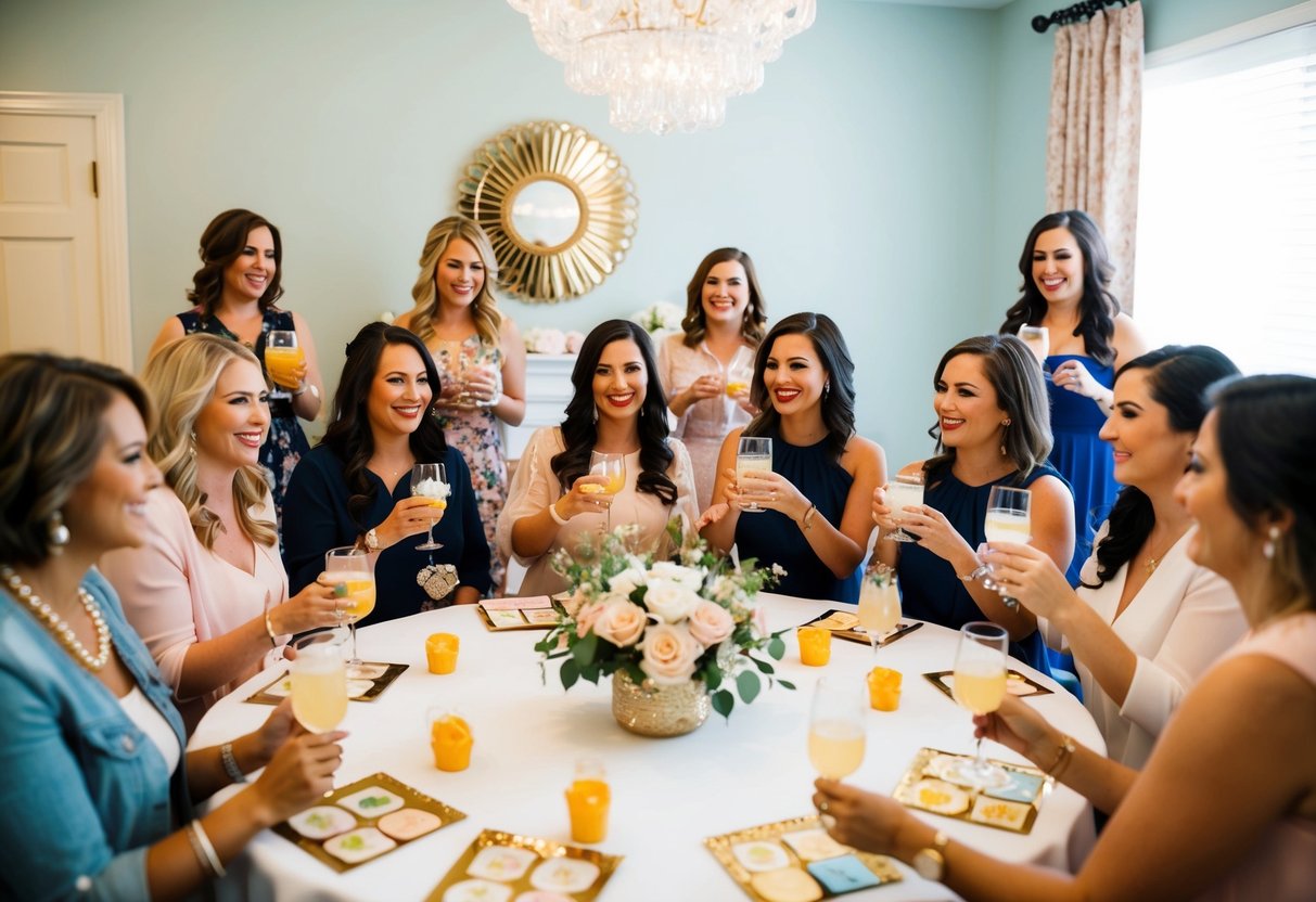 A group of women gather in a decorated room, sipping drinks and playing games at a bridal shower