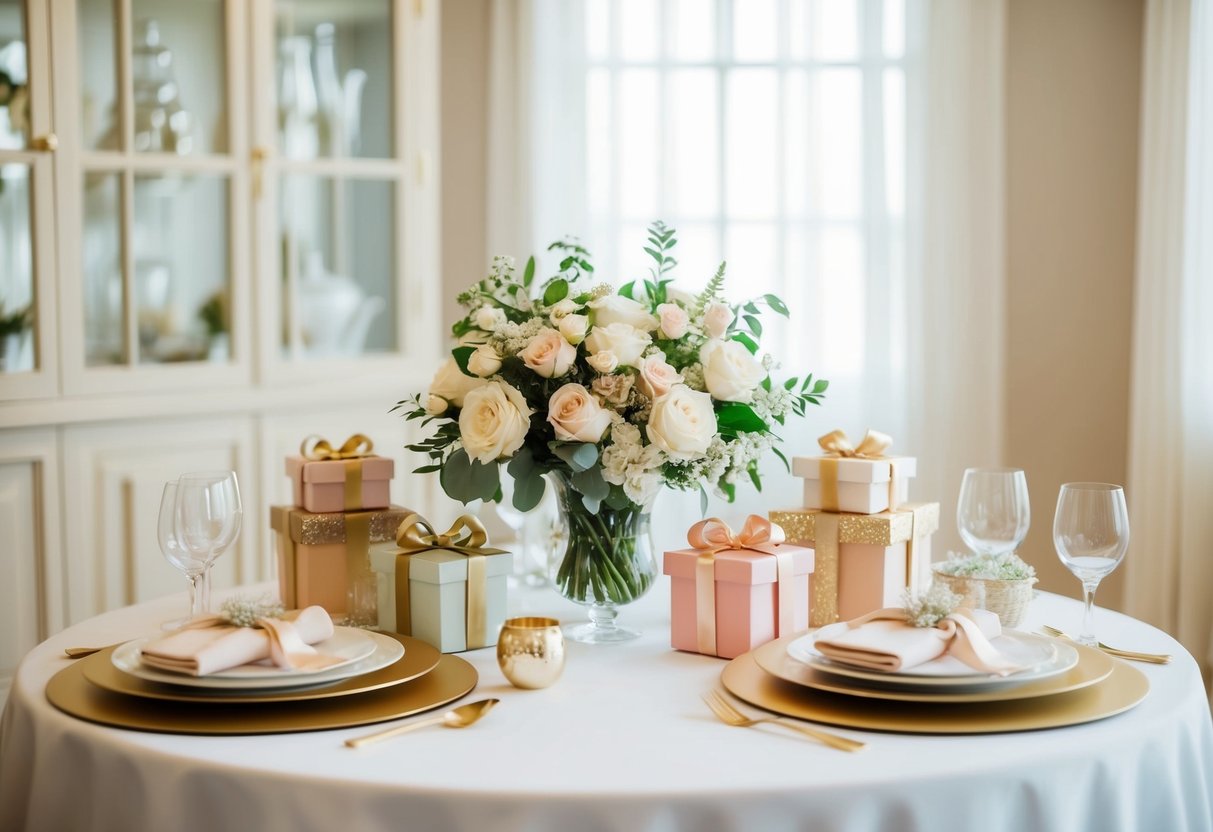 A table set with elegant gifts, flowers, and decorative items for a bridal shower