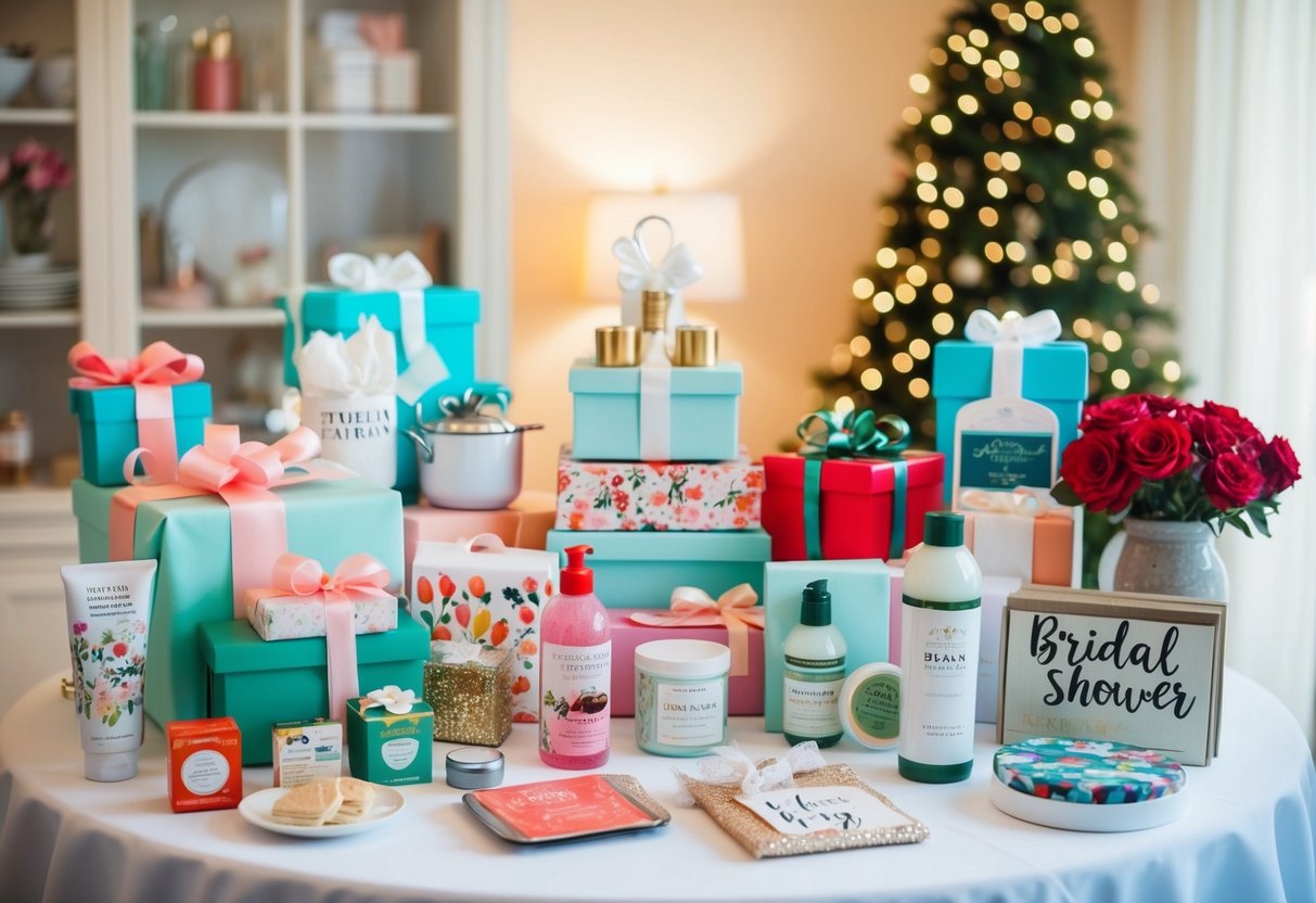A table with various gift options for a bridal shower, including items such as kitchenware, decor, and personal care products
