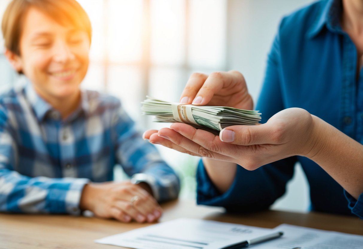 A mother places a stack of bills into her son's open palm