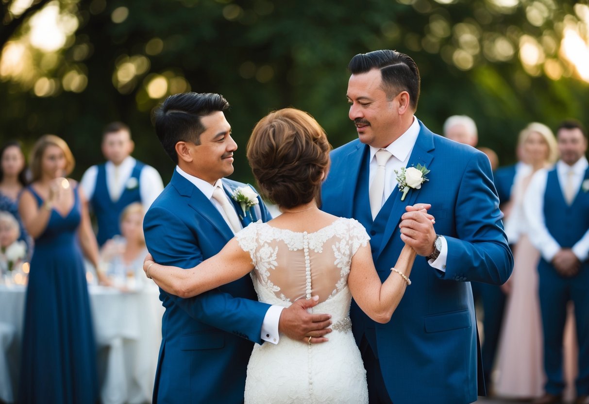 A mother and her sons dance to a sentimental song on the wedding day