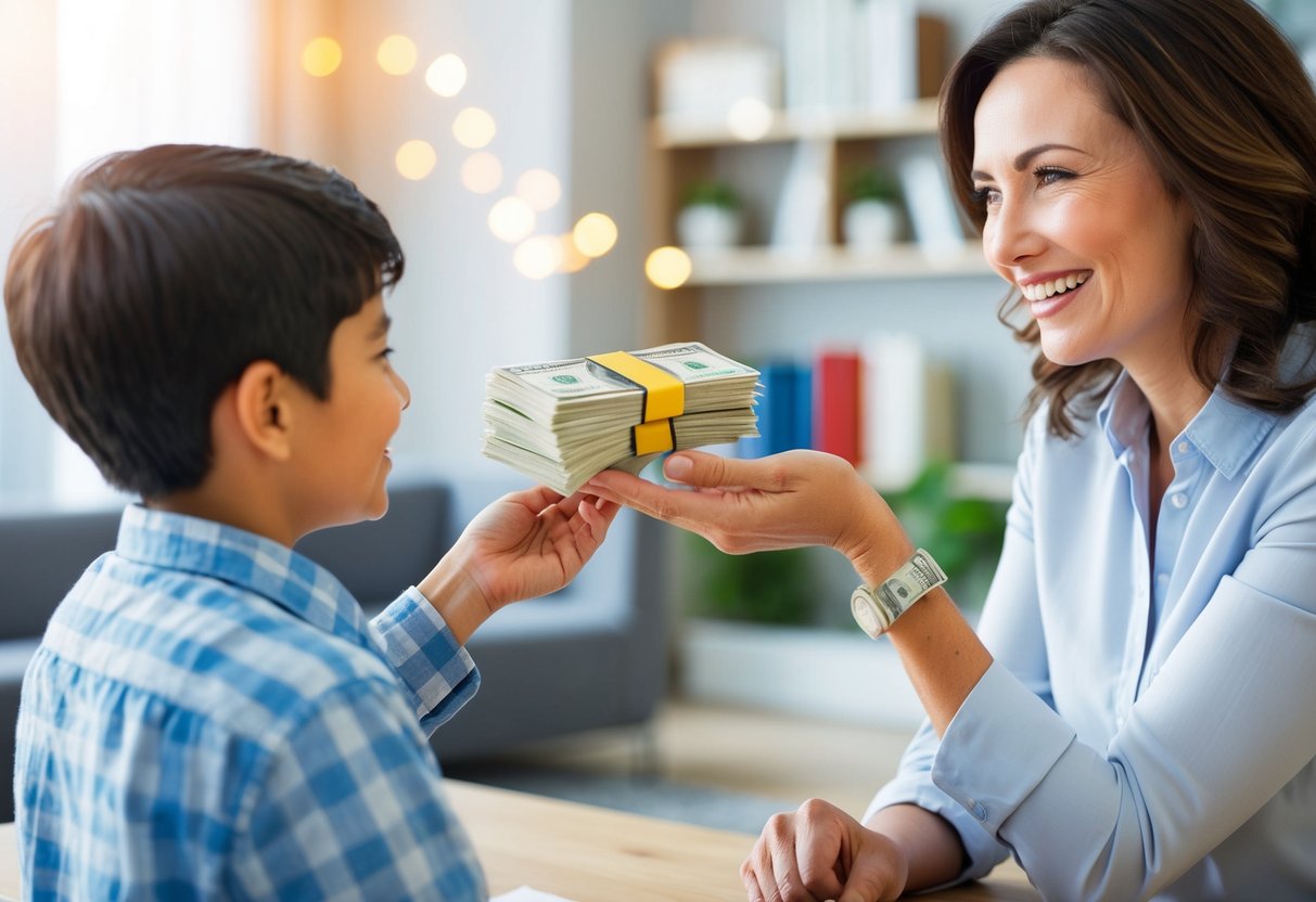 A mother handing over a stack of money to her son with a smile