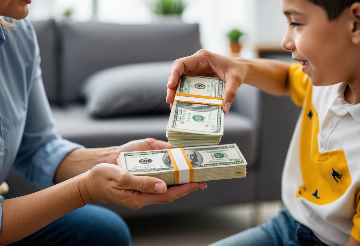 A mother handing over a large stack of money to her son
