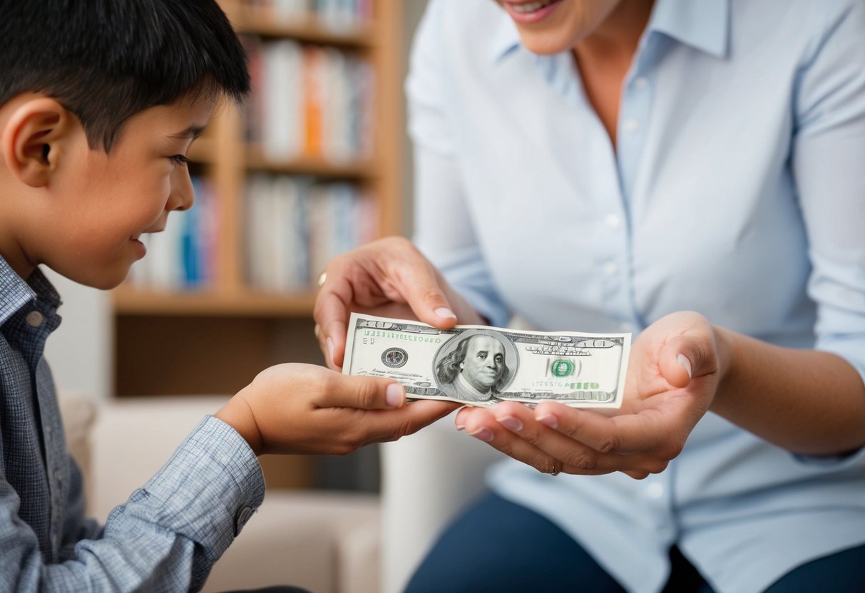 A mother placing a large sum of money into her son's open palm