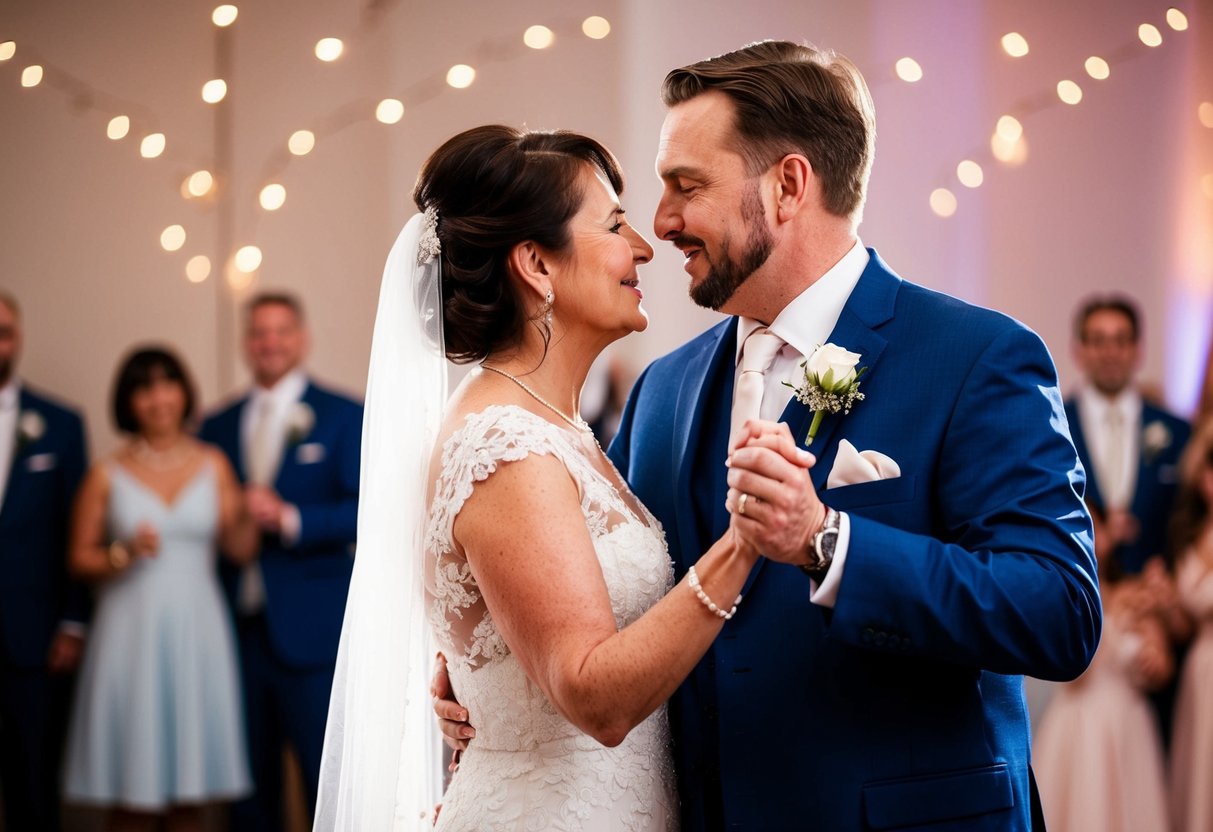 A mother and her son stand together on his wedding day, sharing a tender moment as they dance to a song that holds special meaning to them both