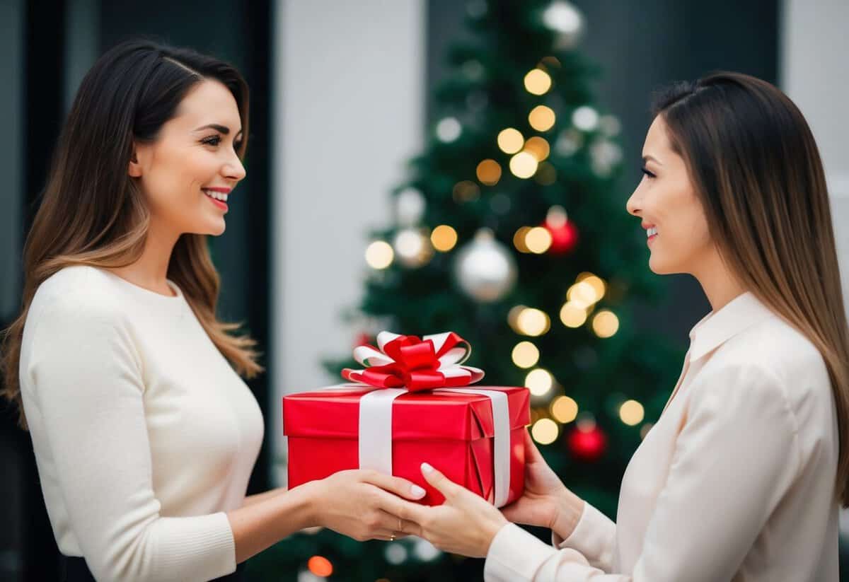 A woman presents a wrapped gift to another woman