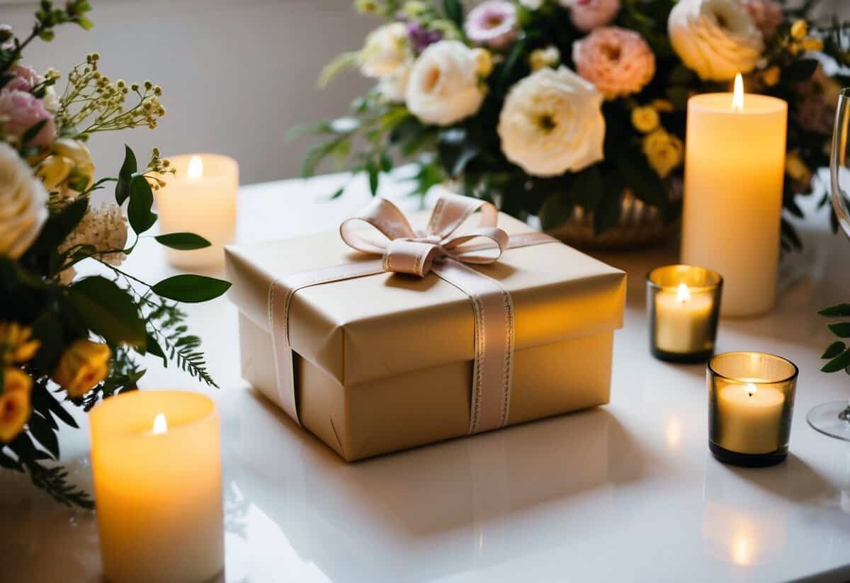 A beautifully wrapped gift box with a delicate bow sits on a table, surrounded by elegant floral arrangements and glowing candlelight