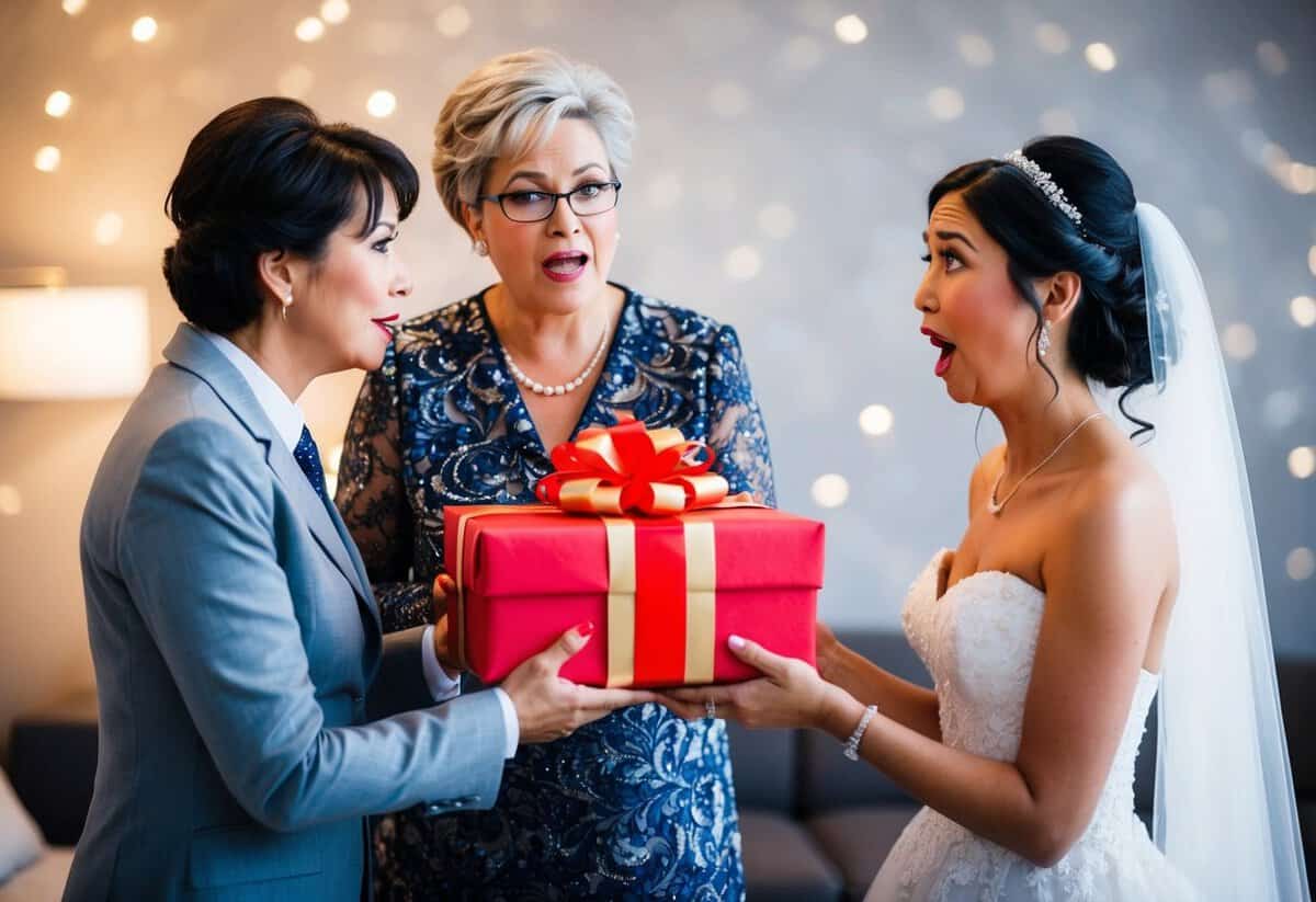 A mother presents a wrapped gift to her daughter, who is dressed in a bridal gown. The daughter looks surprised and emotional