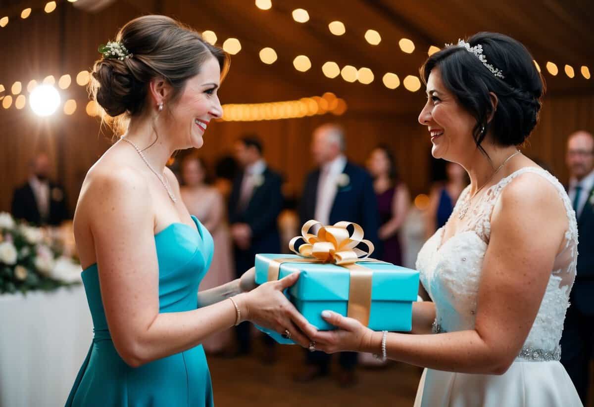 A woman presents a wrapped gift to another woman at a wedding reception