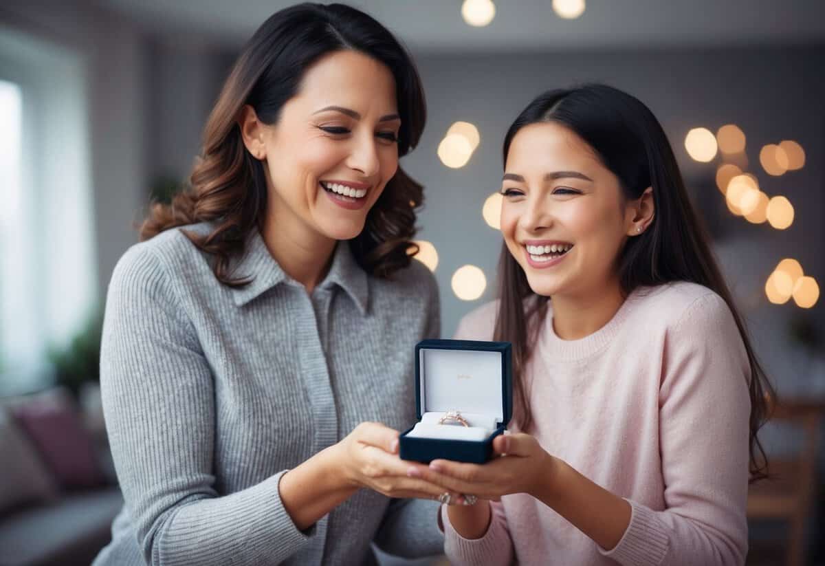 A mother presents a delicate jewelry box to her daughter, who is beaming with joy and gratitude