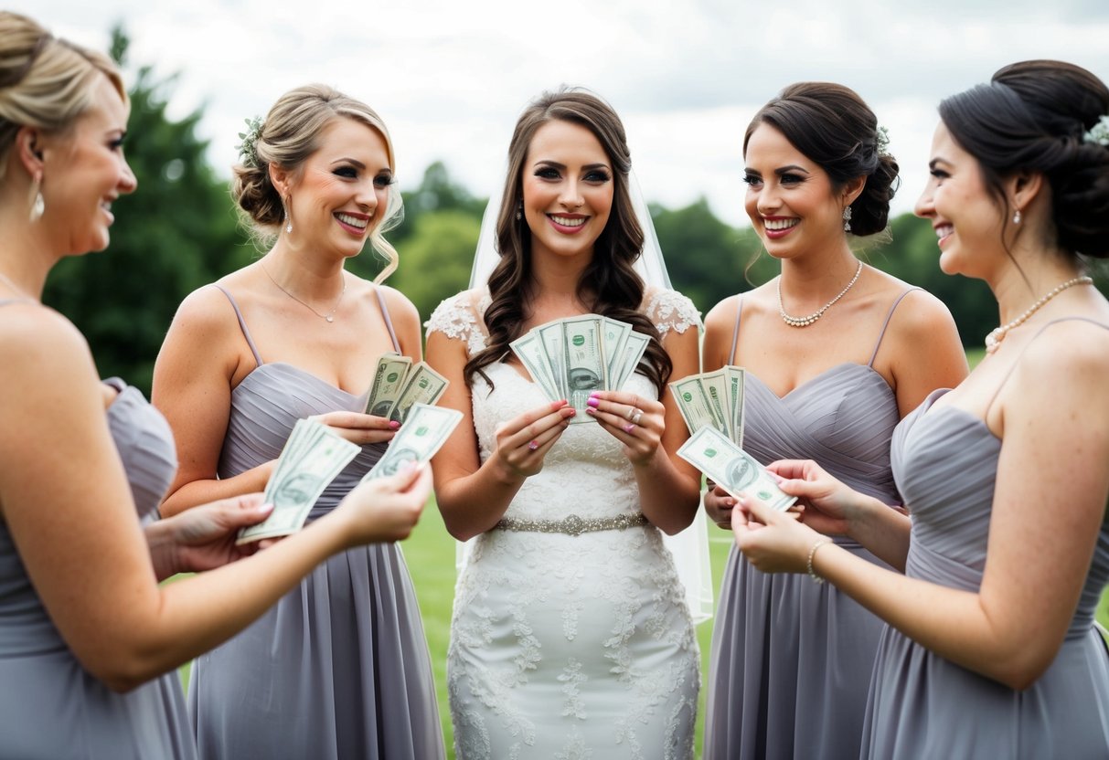 Bridesmaids present the bride with envelopes of money during the wedding celebration