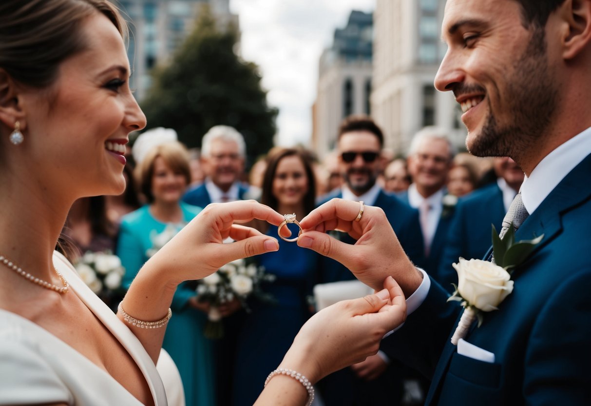 A couple exchanging wedding rings in front of a crowd