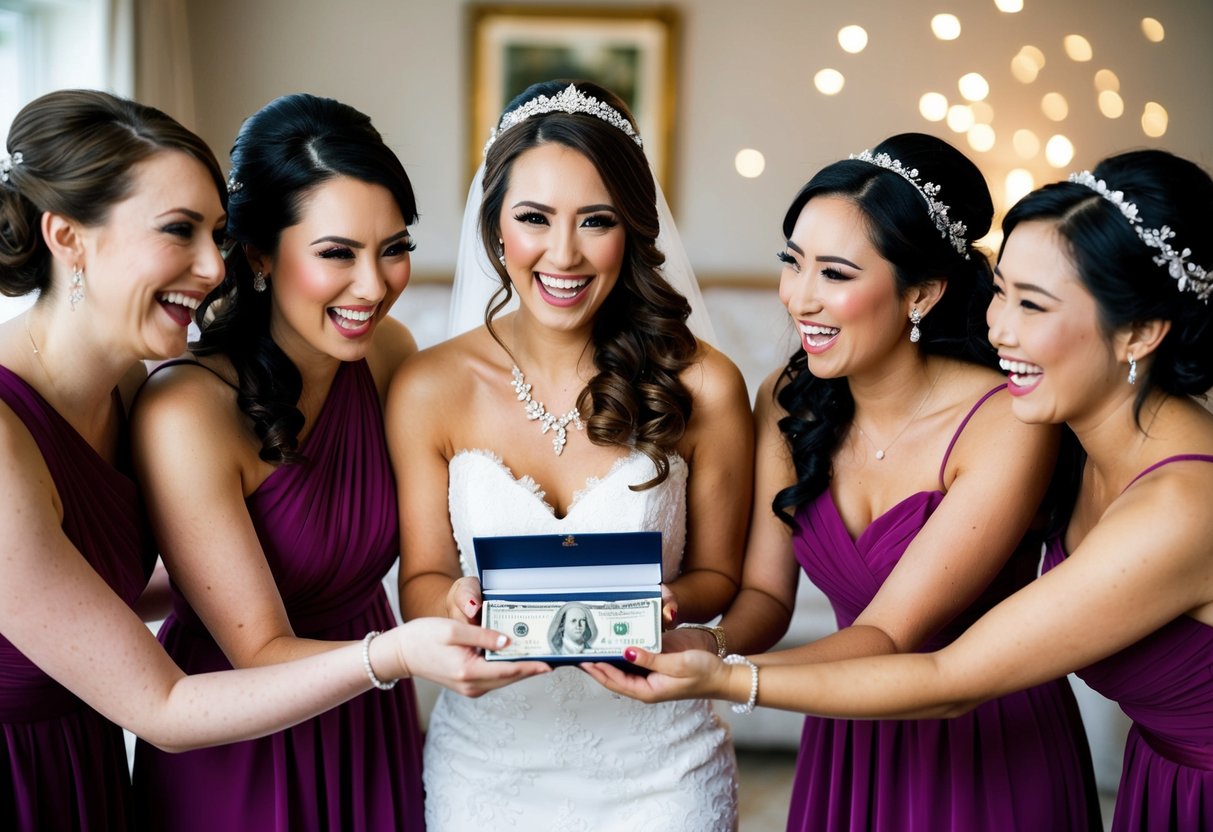 A group of bridesmaids pooling their money together in a decorative box or envelope, presenting it to the bride with smiles and excitement