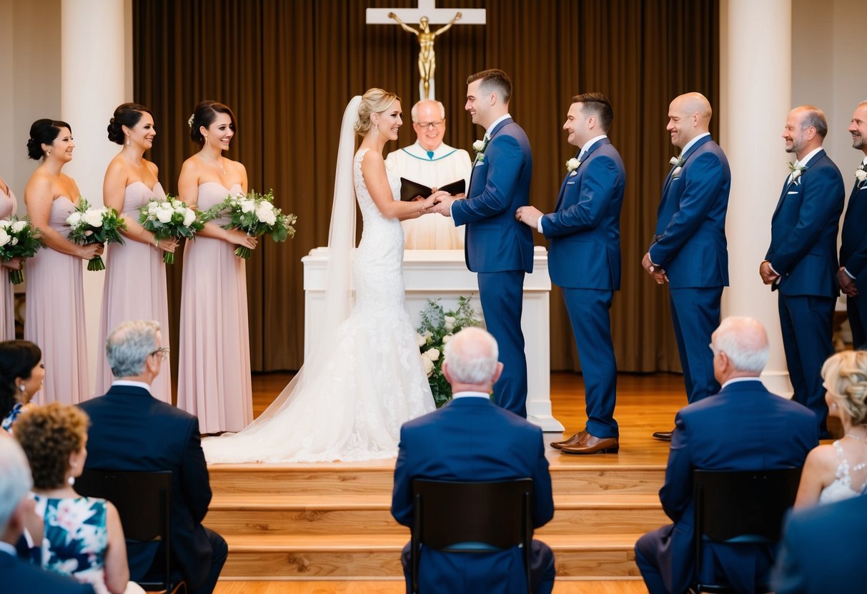 A bride and groom standing at an altar with their families on either side, exchanging vows. The parents of the couple are seated in the front row, watching the ceremony