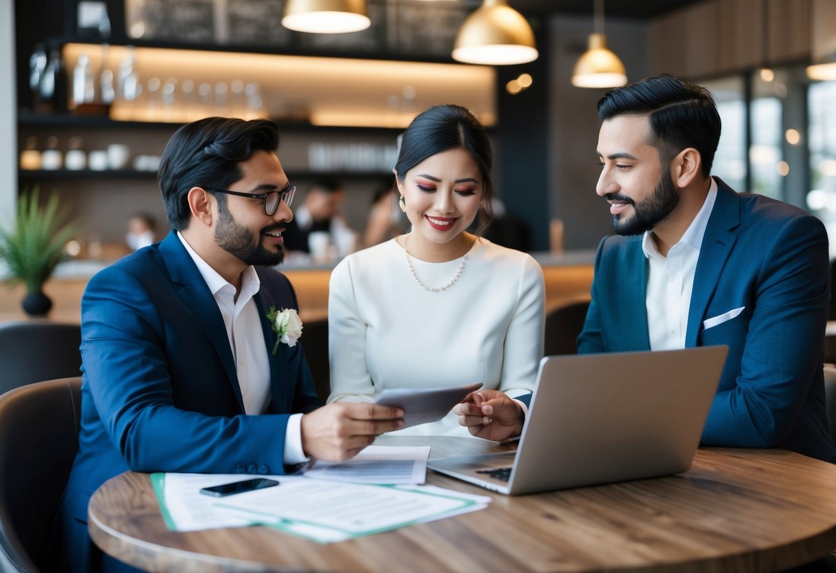 A couple and their parents discussing wedding finances at a modern, stylish cafe with a laptop and financial documents on the table