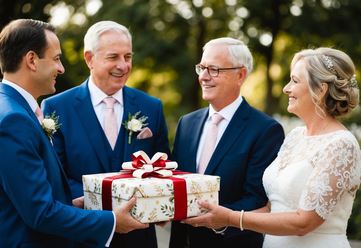 The groom's parents present a beautifully wrapped gift to the bride's parents