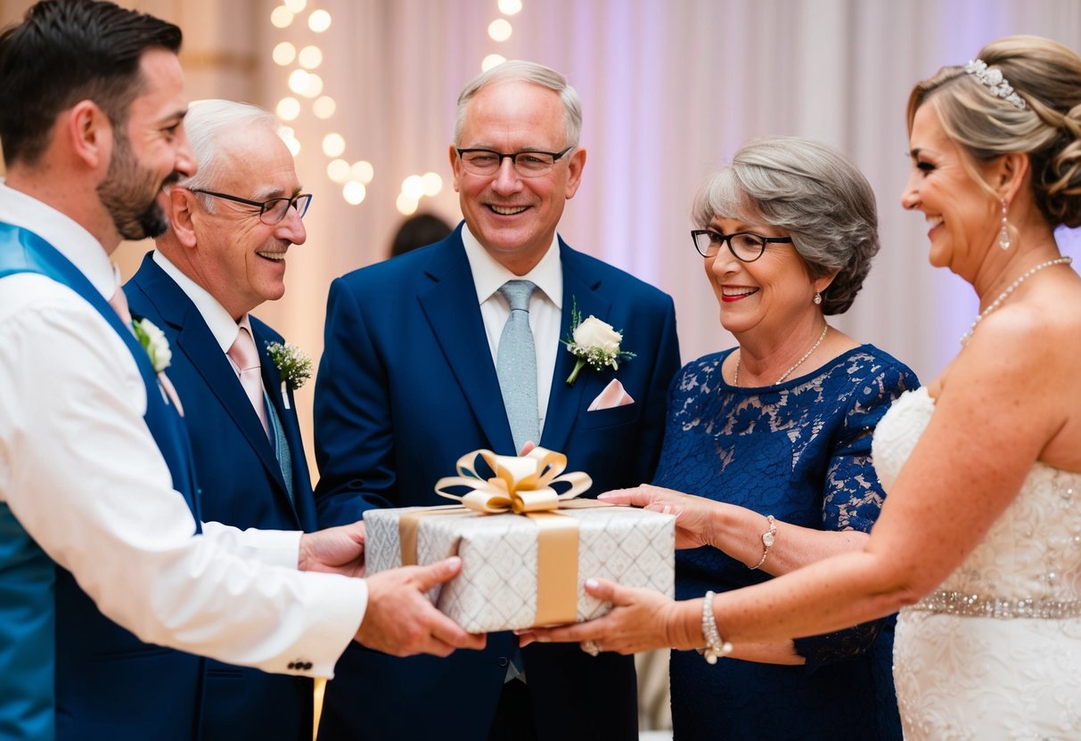 The groom's parents present a beautifully wrapped gift to the bride's parents during the wedding reception