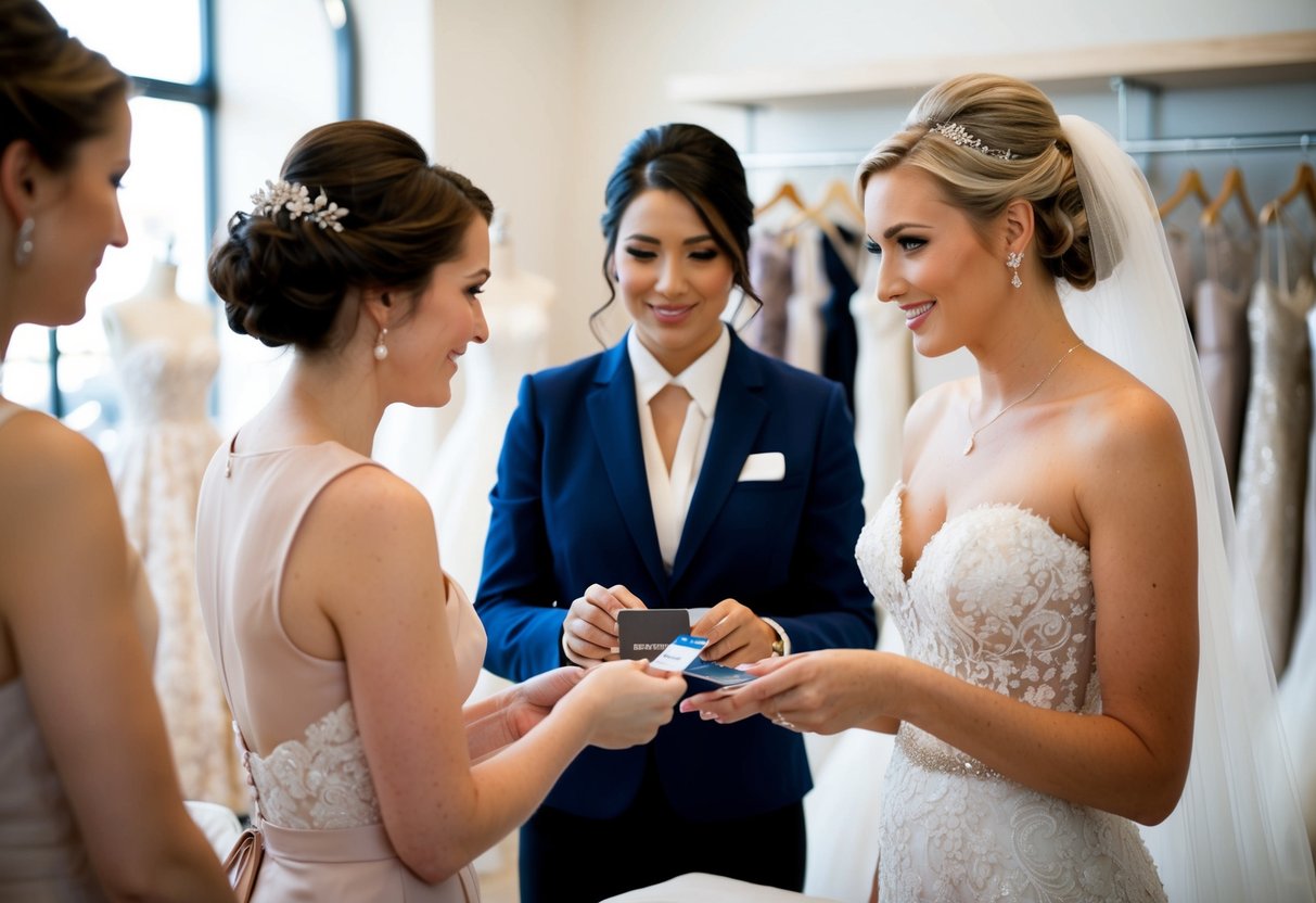 A bride hands a credit card to a cashier at a bridal boutique, while the maid of honor tries on a dress