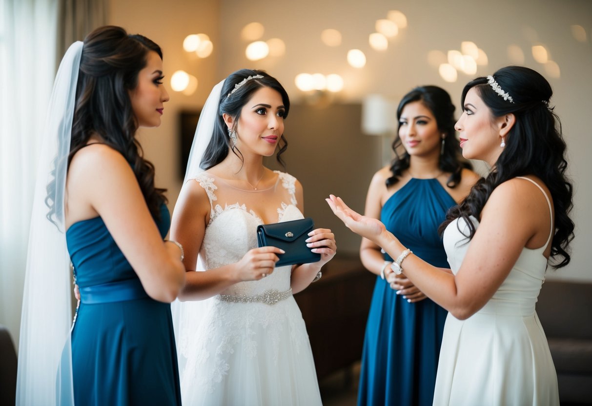 A bride holding a dress and a wallet, looking at her maid of honor with a questioning expression