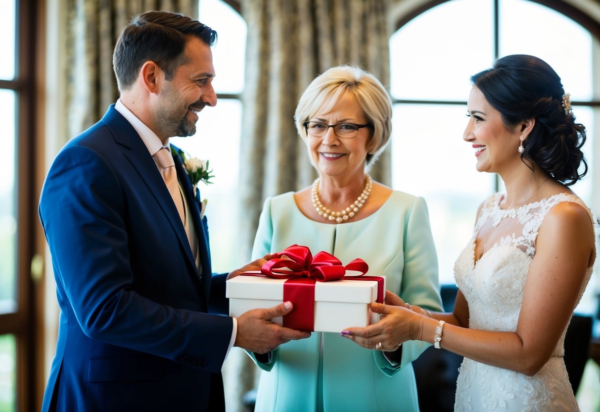 The groom's parents present a gift to the bride's parents, symbolizing their gratitude and support