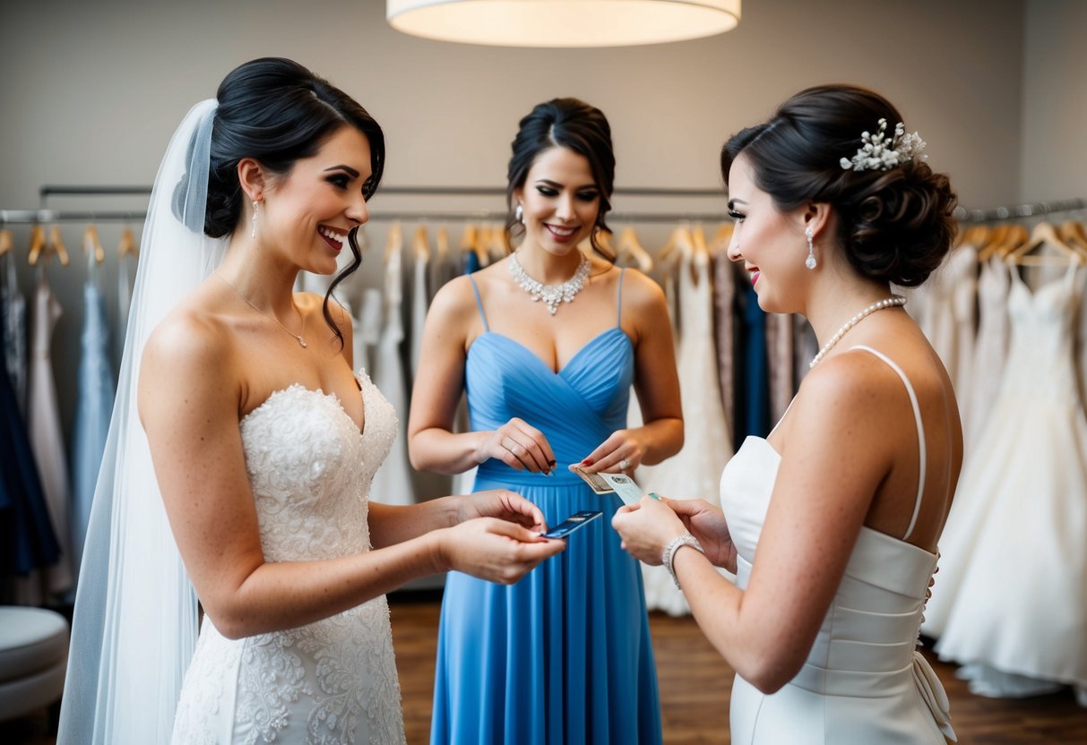 The bride hands over her credit card to the sales associate as the maid of honor tries on different dresses in the bridal boutique