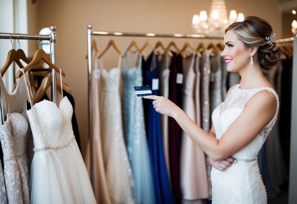 A bride holds a credit card while standing in a boutique, pointing to a rack of elegant dresses