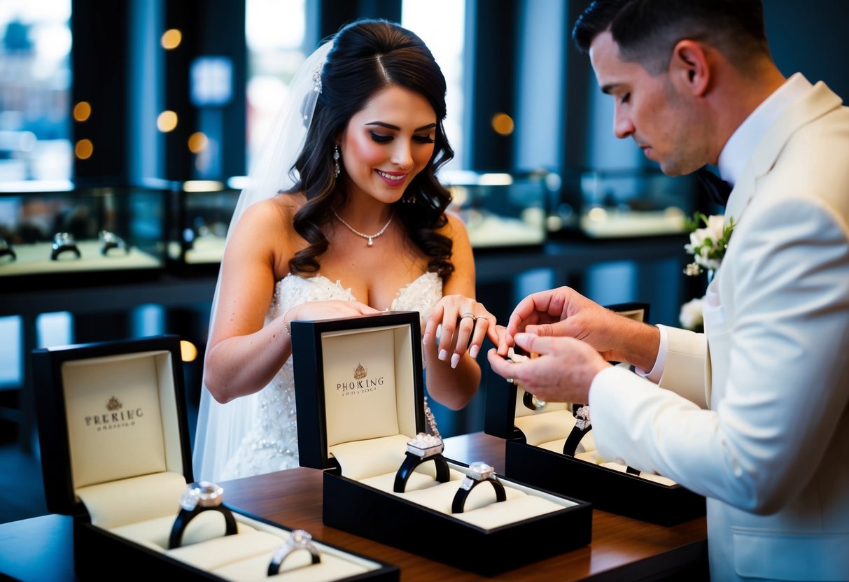 A bride browsing through a display of rings, selecting one for the groom