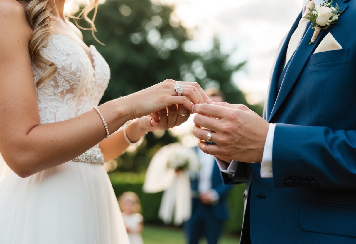 A bride and groom exchange wedding rings, symbolizing their commitment and love for each other