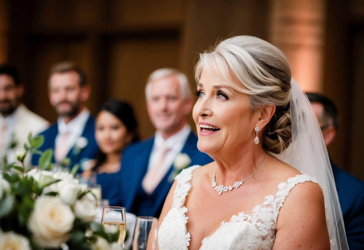 The mother of the bride gives a heartfelt speech during the wedding reception, her eyes shining with emotion as she shares her love and well wishes for the newlyweds