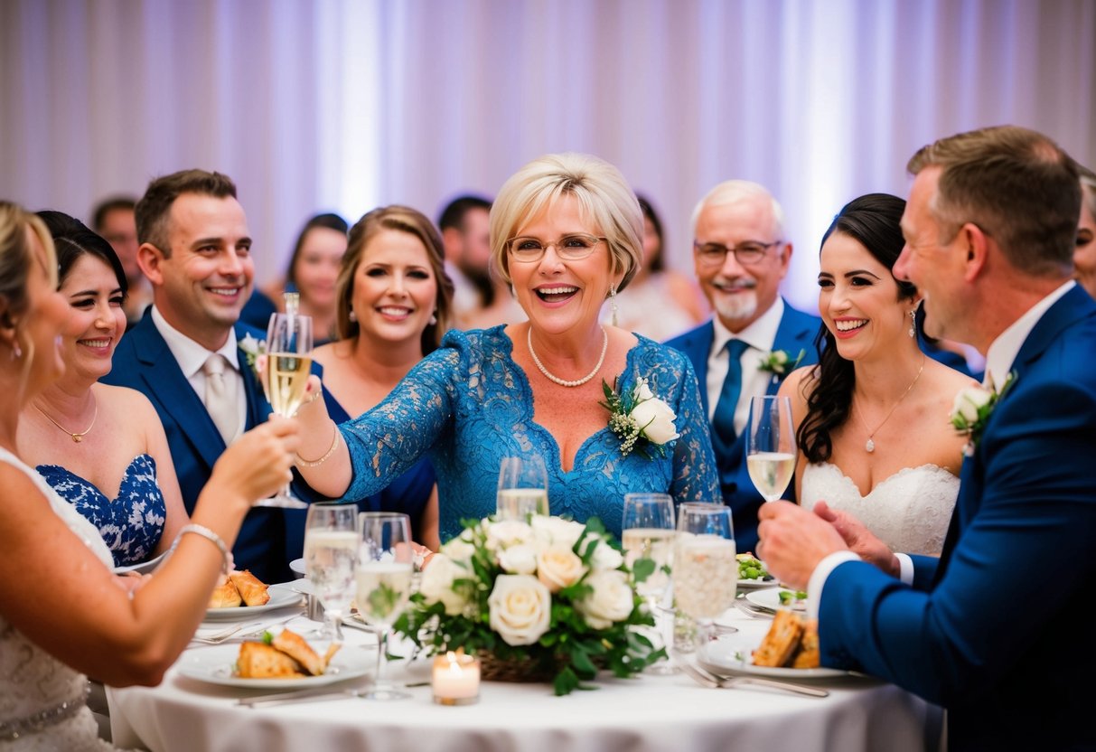 A beaming mother of the bride offers a heartfelt toast, surrounded by family and friends at the wedding reception