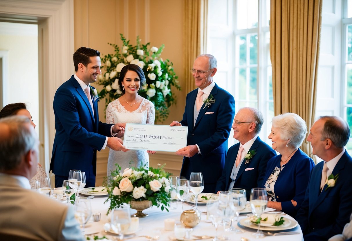 The groom's family presents a check to Emily Post's family at a formal dining table. The room is decorated with elegant floral arrangements and the atmosphere is celebratory