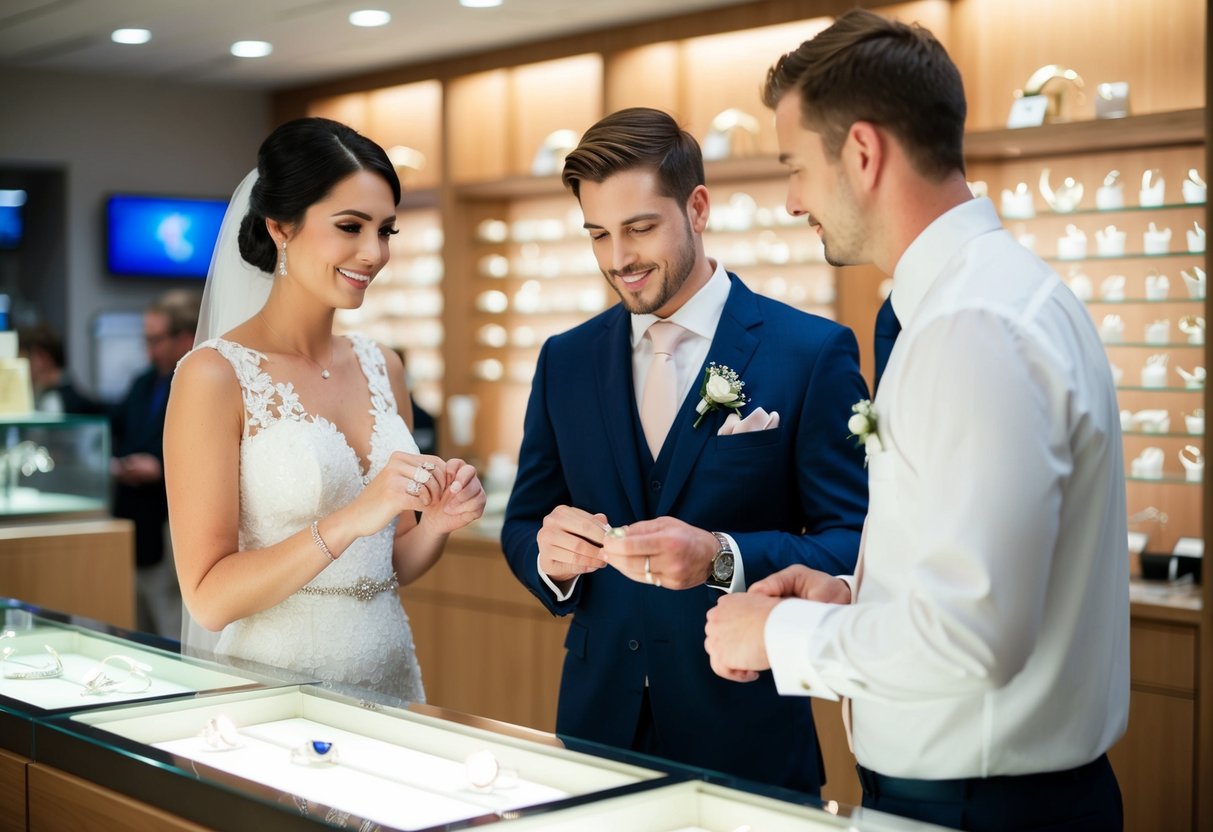 A bride and groom stand at a jewelry store counter, discussing ring options with a salesperson. The bride holds a ring while the groom looks on