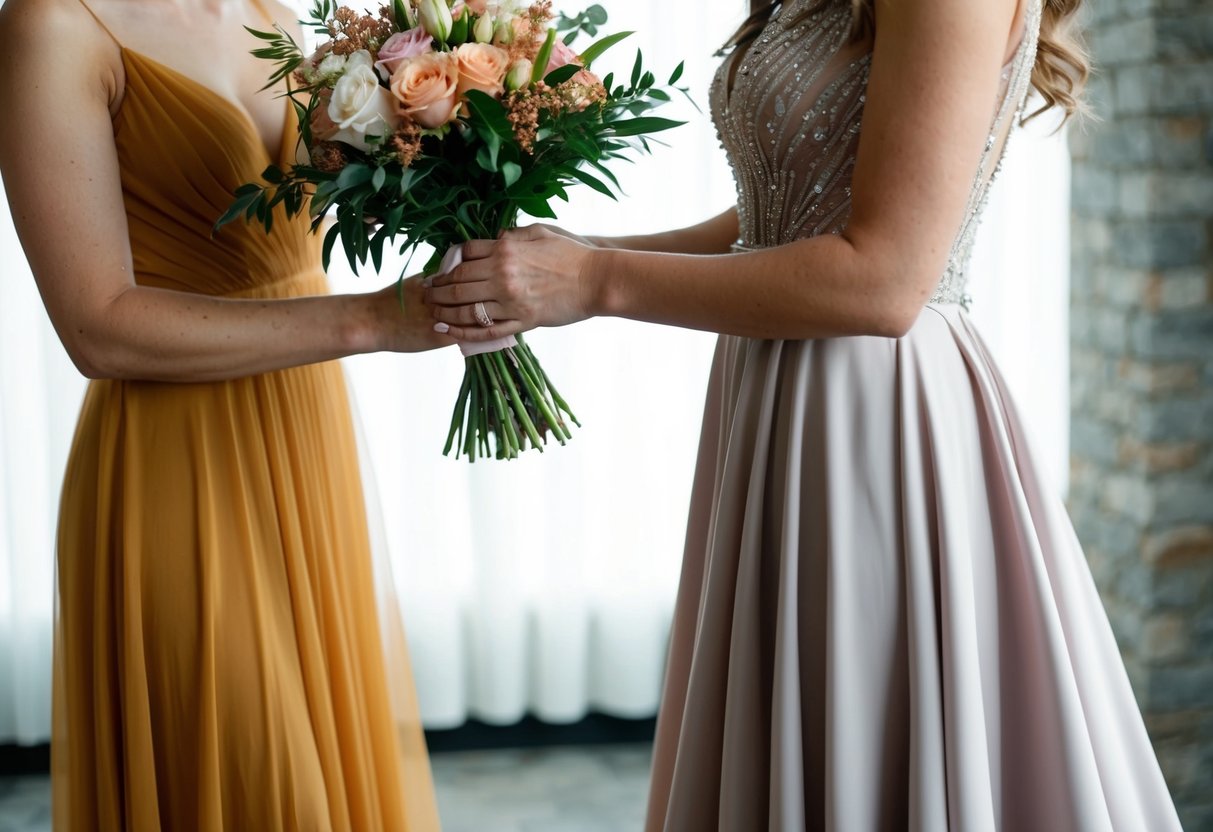 A bouquet of flowers being handed to a woman in a flowing gown