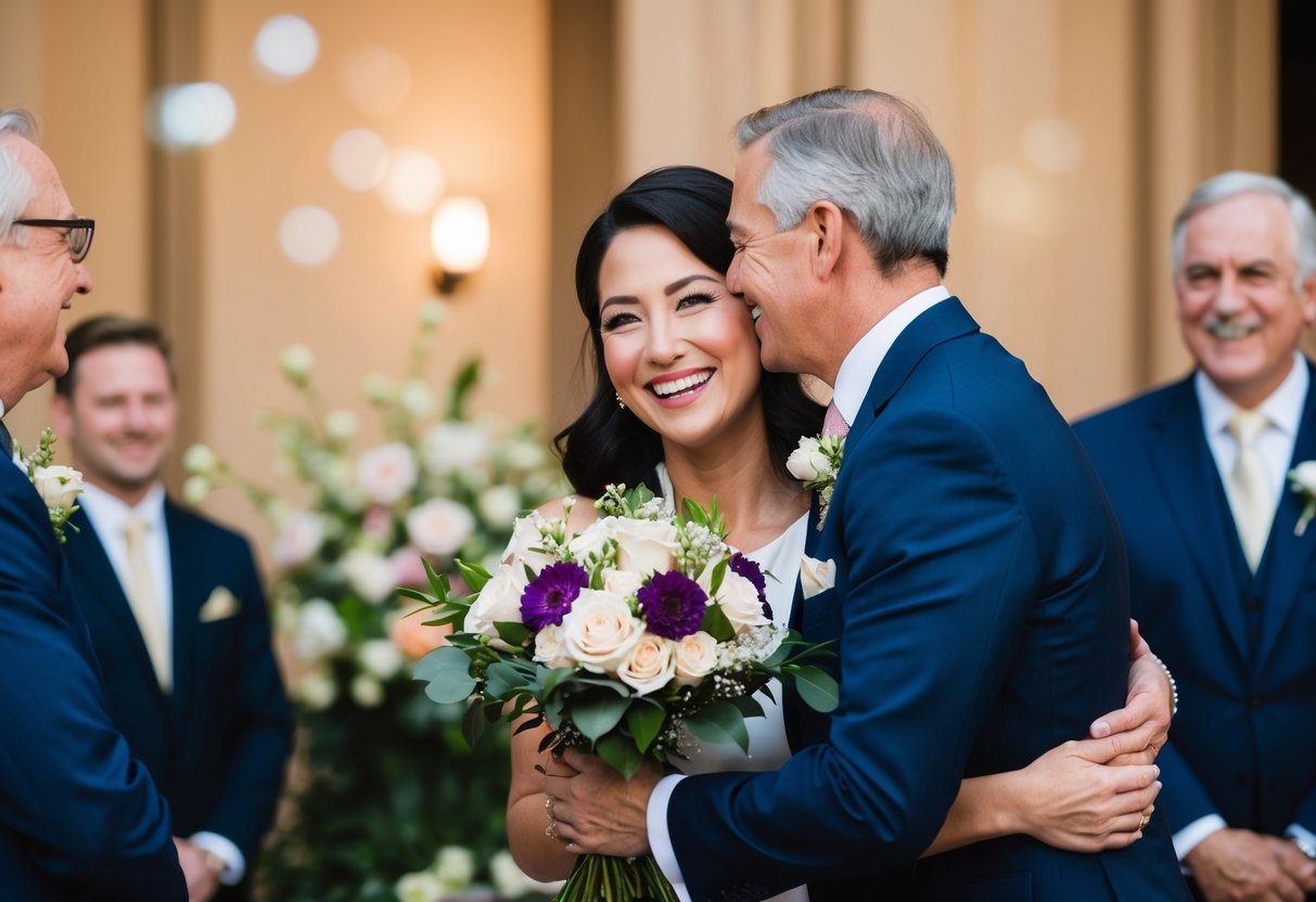 A woman smiling while receiving a bouquet of flowers and being embraced by a well-dressed guest