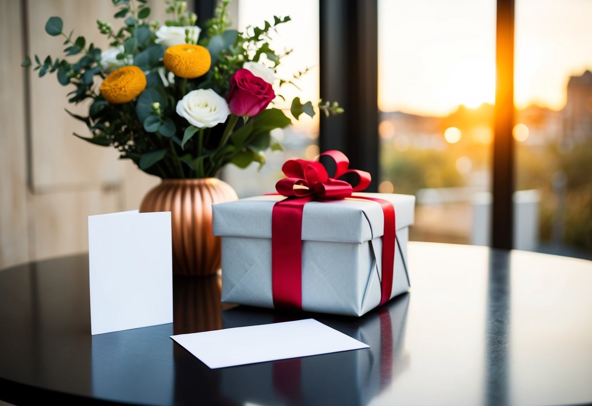 A wrapped gift sits on a table, next to a bouquet of flowers and a card