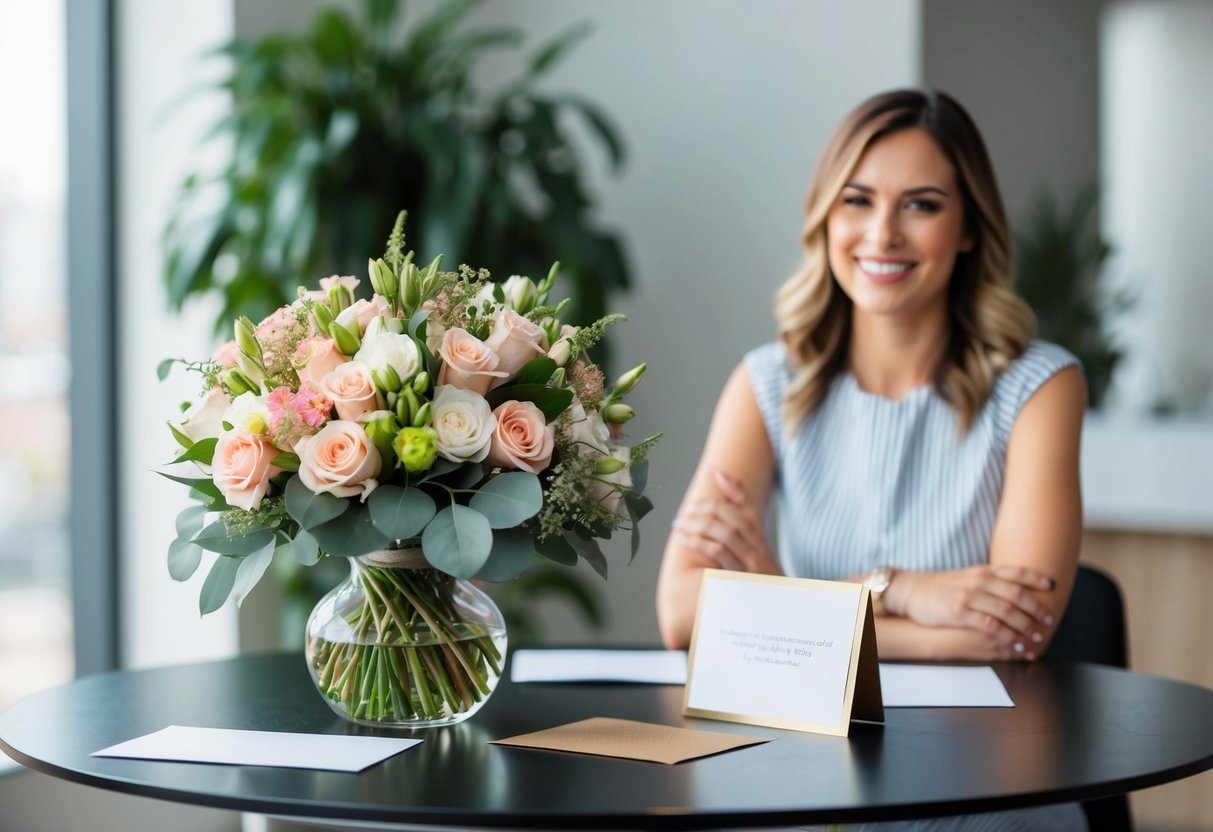 A bouquet of flowers and a card on a table, with a smiling woman in the background