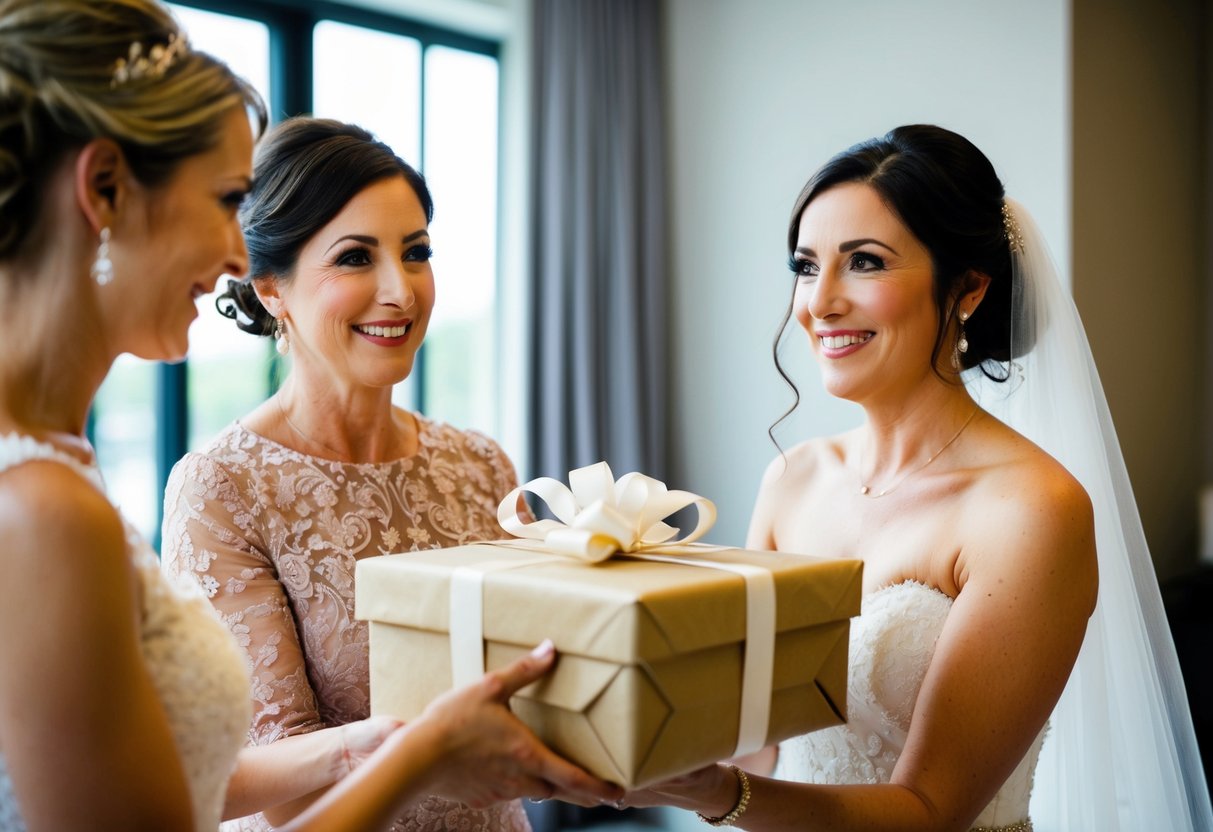 A mother presents a wrapped gift to a bride, with a smile on her face and a look of anticipation in her eyes