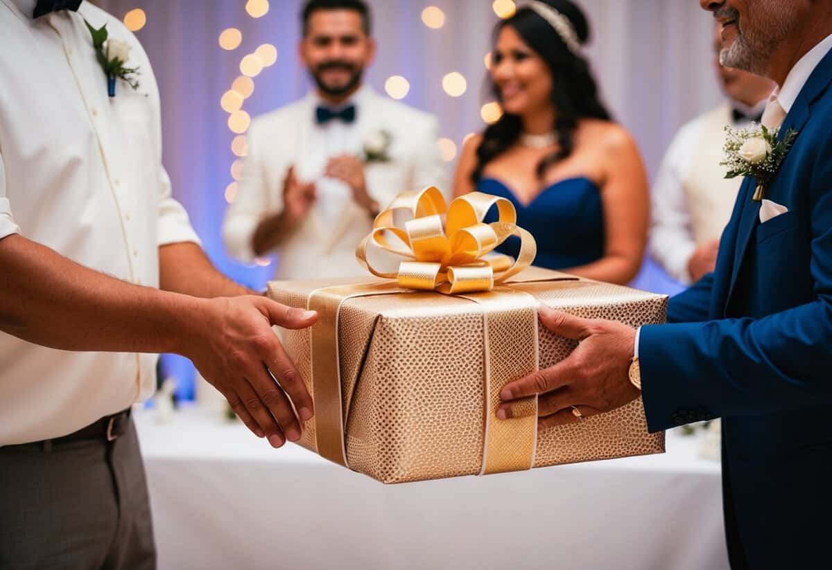 Parents present a wrapped gift to their son at his wedding reception