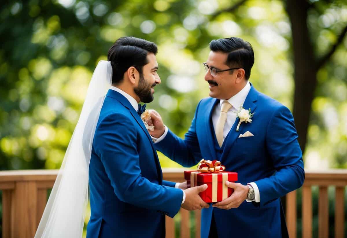 A father presents a gift to his son at a wedding, symbolizing the tradition of giving gifts from parents