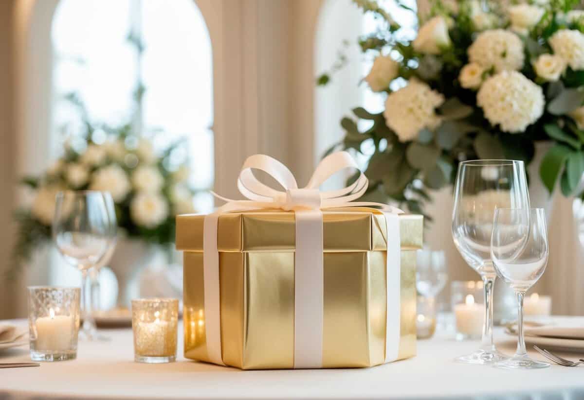 A beautifully wrapped gift box with a ribbon and bow sits on a table, surrounded by elegant wedding decor
