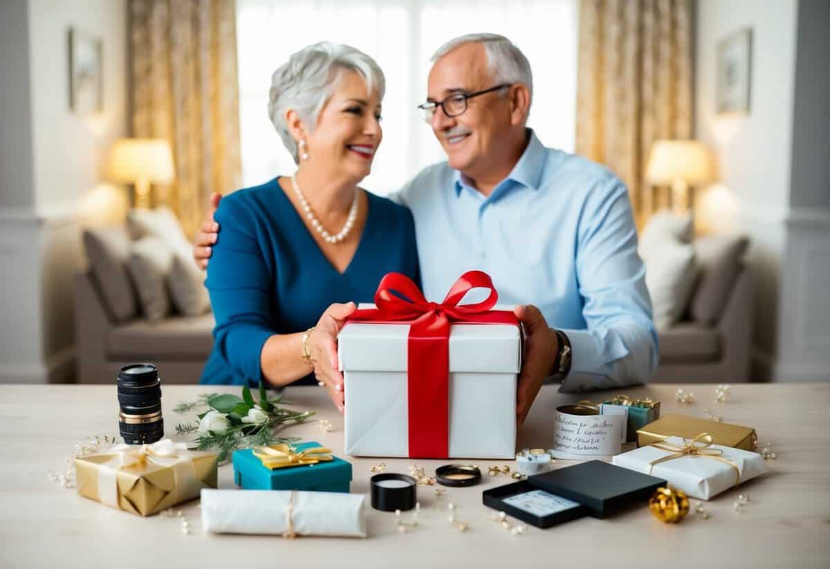 A couple presents a beautifully wrapped gift box surrounded by sentimental items and experiences, symbolizing their love and support for their son's marriage