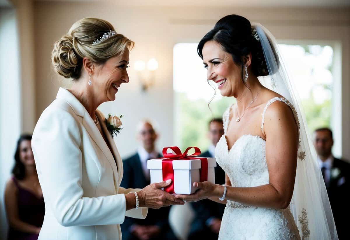 A bride hands a gift to her mother, who smiles with tears in her eyes