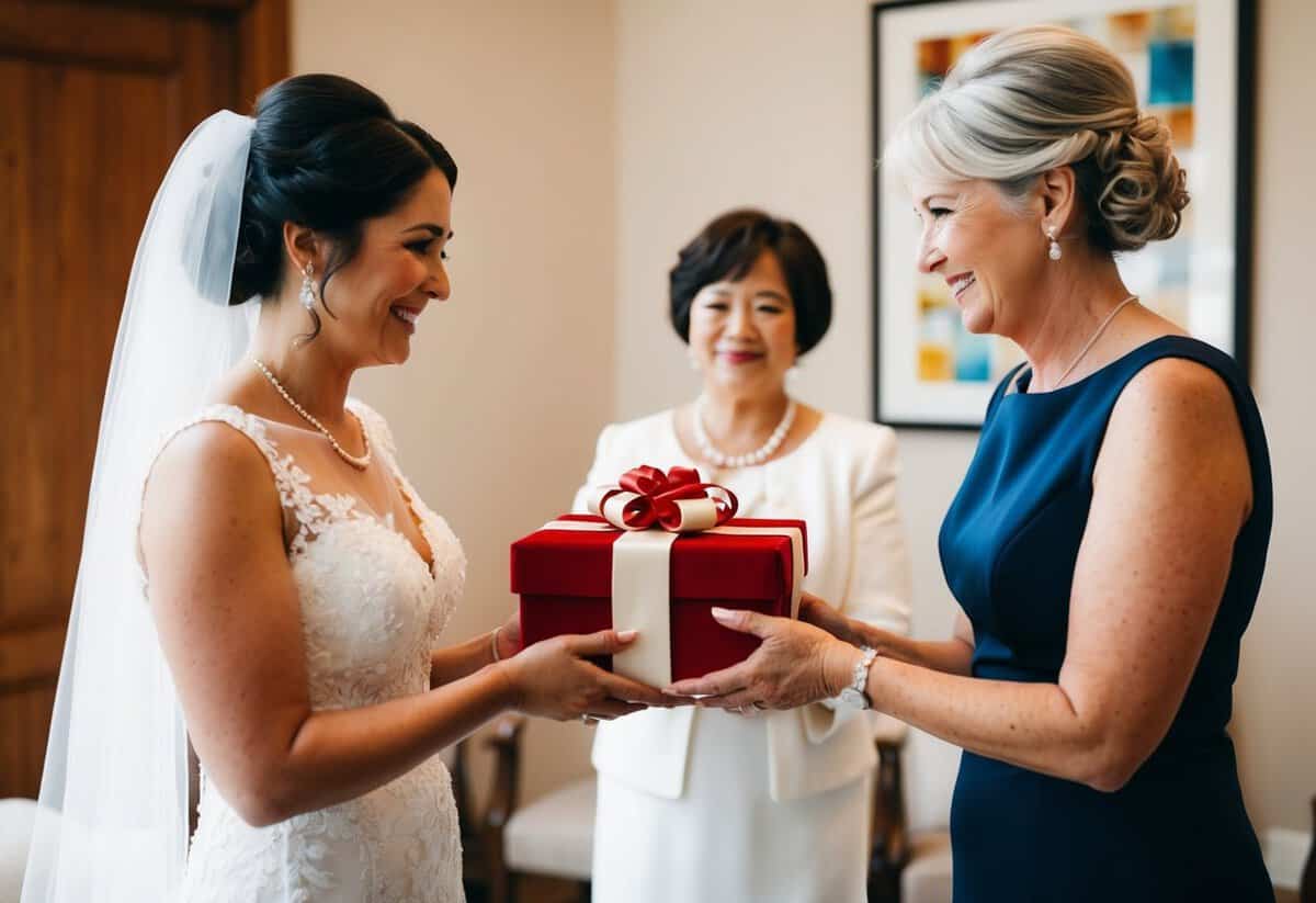 A bride's mother receives a gift, symbolizing tradition and gratitude