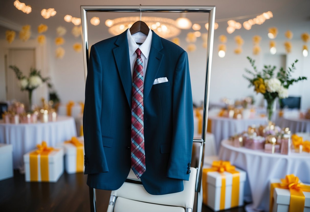 A man's suit jacket and tie hanging on a chair amidst a room filled with bridal shower decorations and gifts