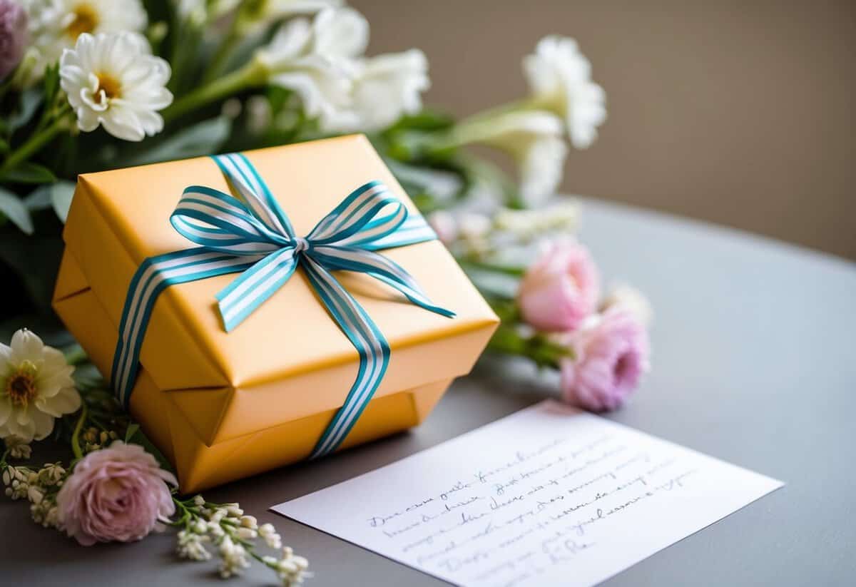A beautifully wrapped gift box sits on a table, surrounded by delicate flowers and a handwritten note