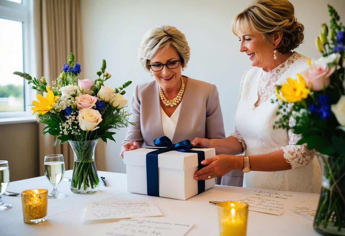A mother of the bride receives a thoughtful gift, surrounded by symbols of love and support, such as flowers and handwritten notes