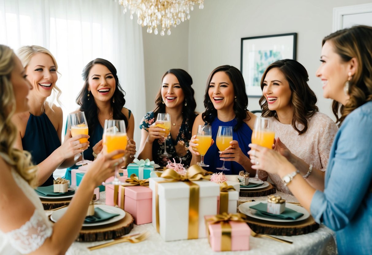 A group of women gather at a bridal shower, sipping drinks and chatting joyfully. A table is adorned with gifts and decorations, creating a festive atmosphere
