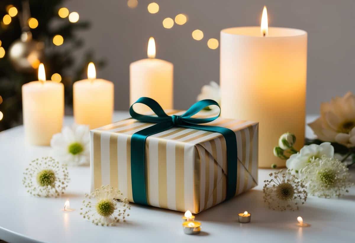 A beautifully wrapped gift box sits on a table, surrounded by delicate flowers and soft candlelight
